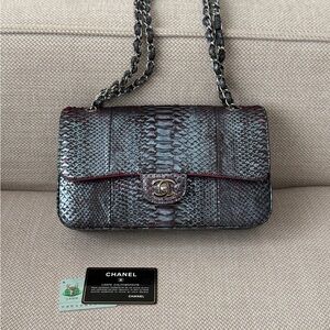 CHANEL Iridescent Blue Multicolor Python Classic Flap Bag SHW Medium